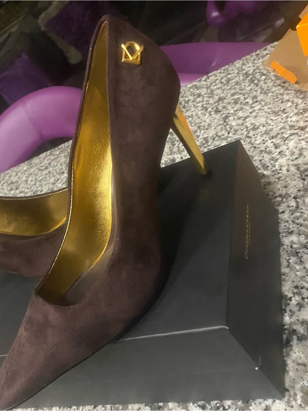 Donna Karan Dark Brown Suede Pointed Heel with Gold Accents
